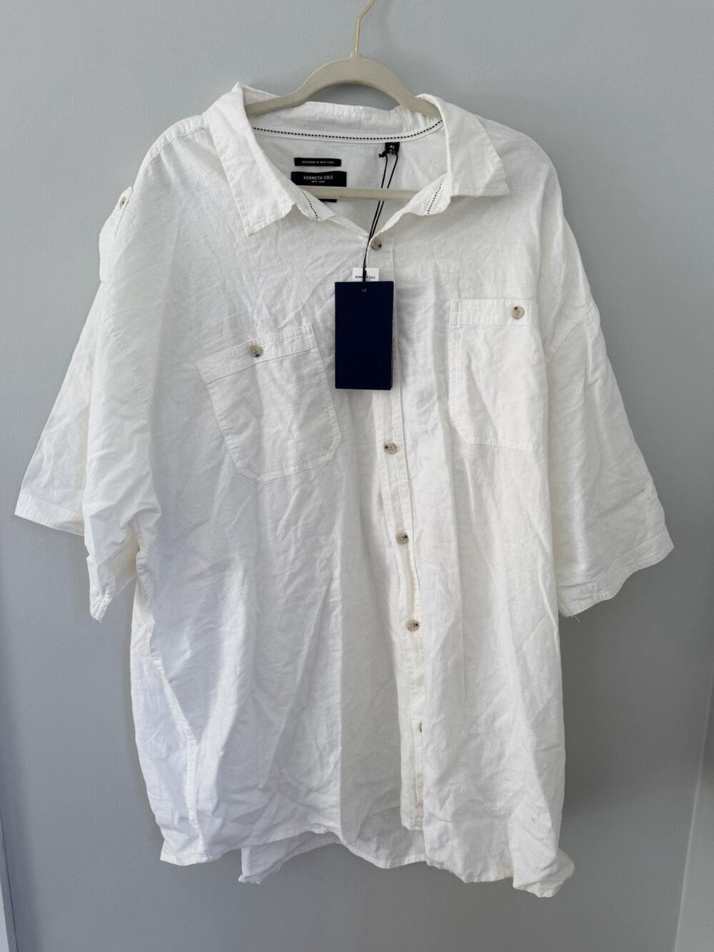 NWT Kenneth Cole White 100% Linen Mens Shirt 4xButton Down Classic Short Sleeves